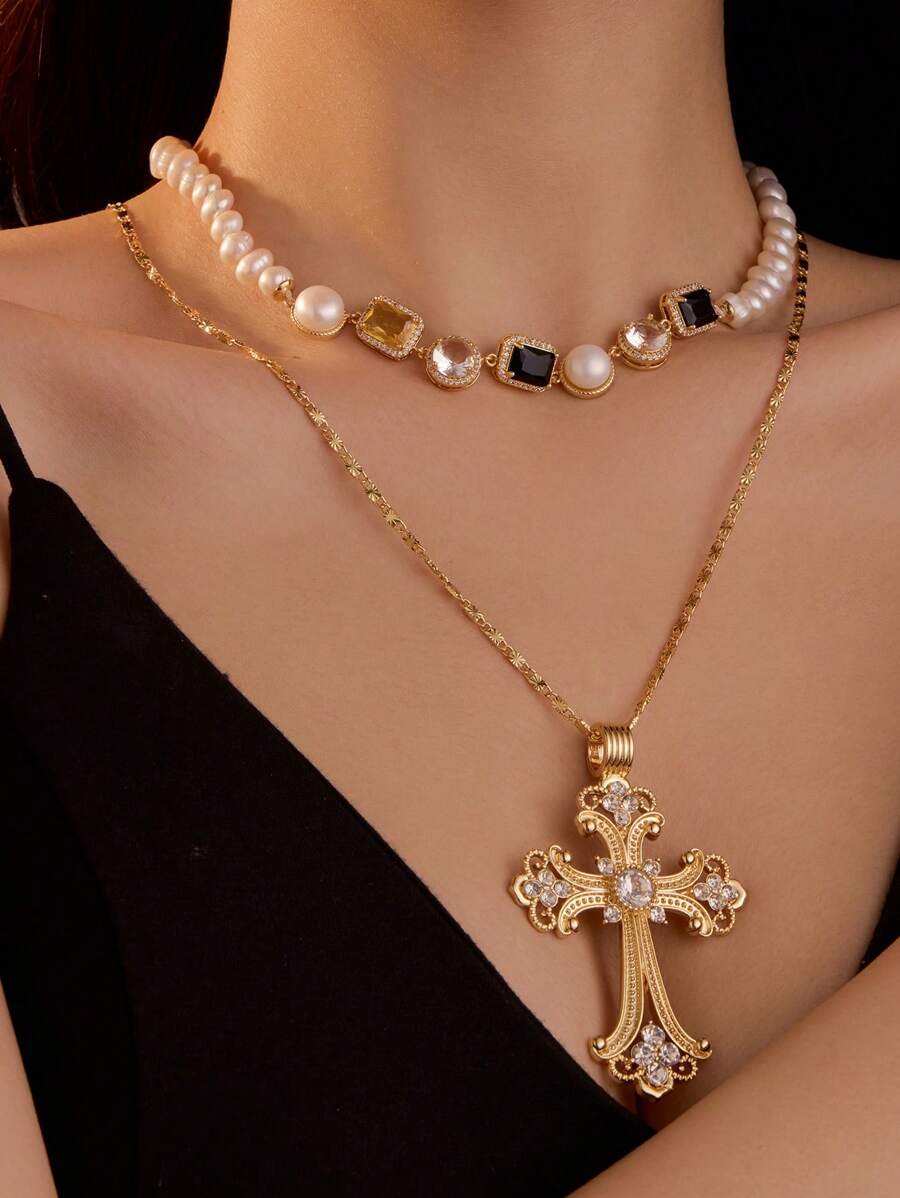 1 件女式复古风格 18K 镀金铜锆石吊坠项链，带珍珠，适合节日礼物和日常佩戴，天鹅绒袋包装 - 彩色 - 查看 1