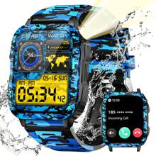 EIGIIS 3ATM 防水男士智能手表，带无线通话 LED 手电筒，1.96 英寸高清户外智能手表，运动健身追踪器手表，带睡眠监测器、锻炼记录、语音助手、计时器、秒表，适用于 iOS Android 手机