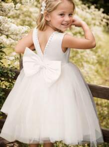 高端年轻女孩珍珠镂空后背可拆卸蝴蝶结网纱公主裙，花童婚礼派对礼服