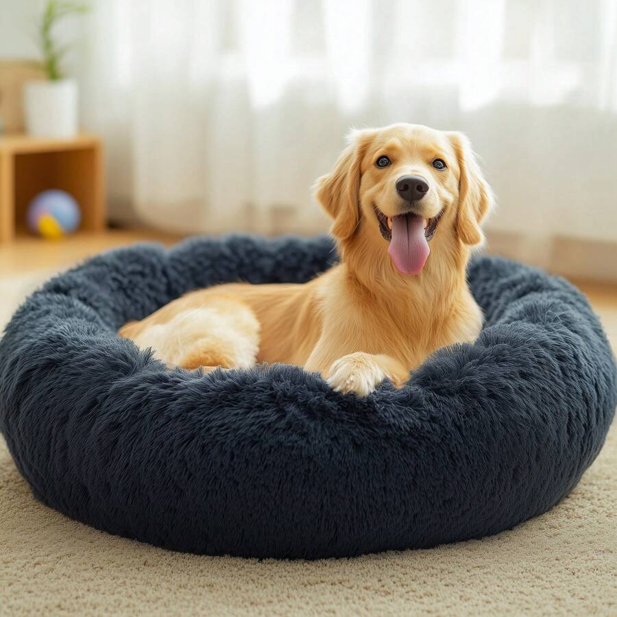 1 PC Fluffy Donut Pet Bed - Cozy Plush Orthopedic Support, Anti-Anxiety, Washable, Non-Slip, For Cats & Dogs Of All Sizes - 深灰色 - 查看 1