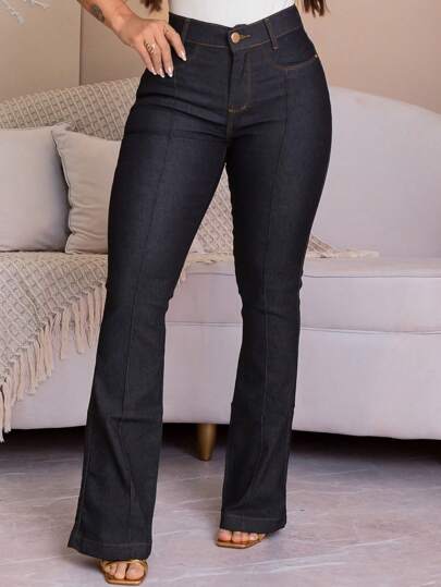 Calça Jeans Feminina Flare Cintura Alta Empina Bumbum-CasualeleganteBohoJeansBotãoZíper