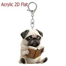 Reading Pug 2D 亚克力背包钥匙扣 - 可爱的宠物配饰，适用于背包、包、汽车钥匙扣和日常使用，宠物纪念吊坠，非常适合男女情侣礼物，爱狗人士礼物，派对用品学校背包汽车配件 Goth Y2k - 彩色 - 查看 9
