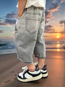 Boys' Casual Printed Denim Capri Shorts, Summer - Grey - View 3