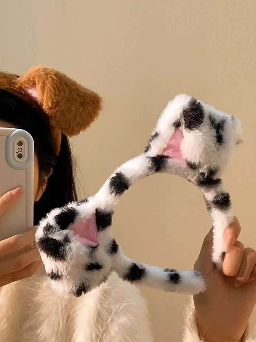 卡通狗耳朵头带，豹纹动物耳朵发带，斑点狗耳朵头带，可爱角色扮演派对配件，搞笑面膜洗脸头巾，面料材质