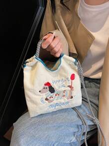 Fashionable Cartoon Dog Mini Crossbody Bag For Women, Versatile Handbag, Contrast-Color Embroidery Commuter Shoulder Bag, Phone Pouch
