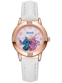 Sanrio Montre en acier de haute qualité avec diamants, motif Stitch de Disney, pour dame/fille. Montre-bracelet à quartz pour filles