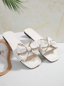 Women French Style Flat Sandals, Bow Decor, Elegant & Versatile For Daily Outing, Party Etc. - White - View 6