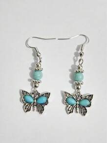 1 Pair Bohemian Turquoise Inlaid Butterfly Dangle Earrings - Elegant Alloy Jewelry For Females Summer Beach Jewelry