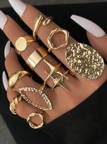 10 Pairs Fashion Unique Metal Asymmetrical Exaggerated Design Rings Set, Elegant & Versatile For Daily Wear, Women