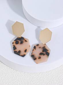 1 对女士时尚六角形耳环，粉色大理石纹理现代几何风格