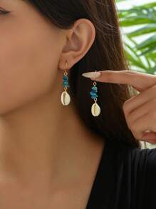 1 Pair Vintage Boho Style Asymmetrical Stone & Shell Beach Hoop Earrings, Simple Creative Earrings - Blue - View 2