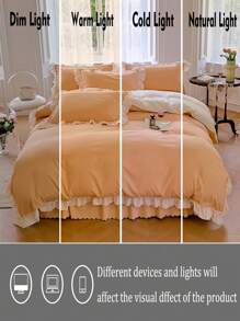 3pcs Ruched Floral Pattern Bedding Set Including 1 Duvet Cover & 2 Pillow Shams, Pale Yellow & White Color, Super Soft, Machine Washable - Yellow - View 6