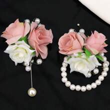 1pc Brooch + 1pc Wrist Corsage Set, Pink & White Rose Beaded Decoration Brooch For Groom, Bride, Parents, Bridesmaids, Wedding, Party, Prom, Daily Wear