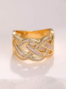 Anel de luxo banhado a ouro cúbico brilhante, resistente, em caixa, joia com imitação de diamante de cobre, adequada para mulheres, presente de casamento, noivado e feriado - Ouro - Ver 5