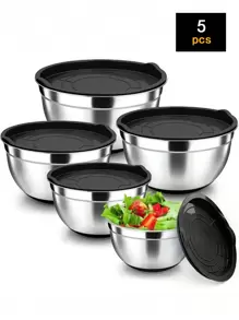 5pcs Stainless Steel Nesting Bowls With Cover & Mixing Beaters, Heavy-Duty And Dishwasher Safe, For Baking, Serving, Sealing. Kitchen Utensils And Accessories.