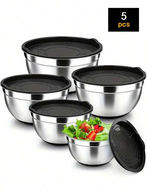 5pcs Stainless Steel Nesting Bowls With Cover & Mixing Beaters, Heavy-Duty And Dishwasher Safe, For Baking, Serving, Sealing. Kitchen Utensils And Accessories.