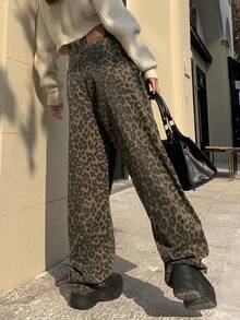 复古美式豹纹直筒宽松牛仔裤，男女休闲裤 - 棕色 - 查看 4