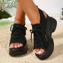Damen Keilsandalen Einfarbig, Lässig Plateausandalen mit offenem Zeh, Sommer Schnürsandalen, modische Sportschuhe - Schwarz - Übersicht 2