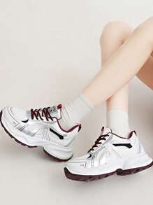 Women's White Casual Sneakers, Thick Sole Chunky Sneakers, Mesh Breathable, Printed Lace-Up, Petite Height Increase, Suitable For Daily Casual Wear, Travel, Shopping, Fashion Versatile - Red - View 8