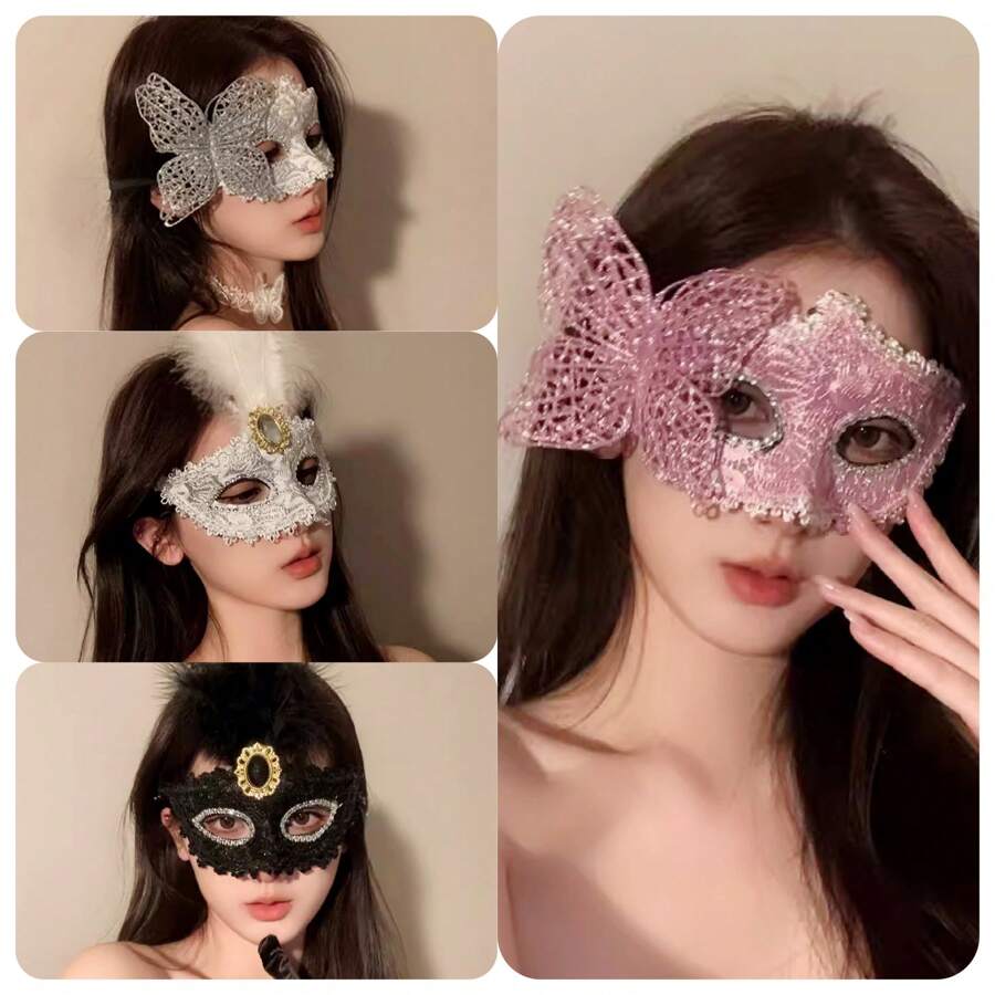2025 New Venetian Rhinestone Lace Feather Half Face Mask For Women, Halloween Masquerade Cosplay Adjustable Eye Mask Elegant Party Accessories - Multicolor - View 1