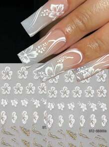 2 stuks witte hibiscusbloem 5D nagelstickers elegante witte bloemblaadjes gouden lijnontwerpen acryl gegraveerde stickers bloeiende orchideeën bloemblaadjes lente zomer manicure decoraties