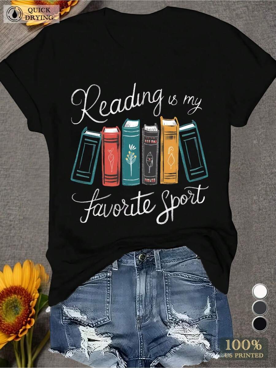Women's Casual Round Neck Short Sleeve T-Shirt, Printed With 'Reading Is My Favorite Sport', Knitted Fabric, Geometric Book Design, All-Season Comfortable T-Shirt, Suitable For Book Lovers, Book Lover Gift, Back-To-School T-Shirts, Halloween And Christmas Gifts - 黑色 - 查看 1