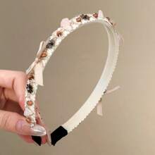 1pc Boho Linen Thin Headband With Wooden Beads And Gems, All Season Decor Headwrap,Hairband,Hair Hoop