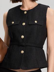 女式单排扣圆领束带纹理无袖夹克 - 黑色 - 查看 8