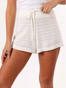 女士纯色夏季海滩镂空抽绳腰部罩衫白色沙滩短裤 - 白色 - 查看 4