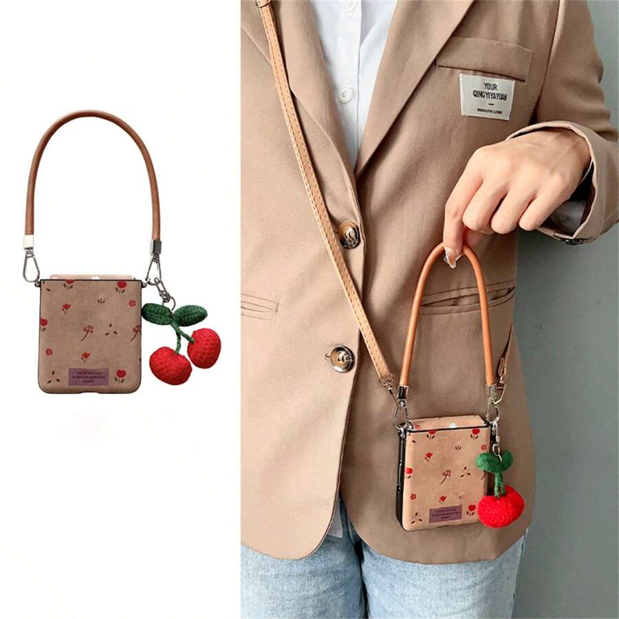 Luxury Retro Floral Flower Phone Case With Cherry Pendant Leather Strap Compatible With Samsung Galaxy Z Flip 5 6 Z Flip6 ZFlip 5 Zflip6 Zflip7 Shockproof Back Cover,Phone Case Compatible With Motorola - Brown + Short Rope + Long Rope - View 1