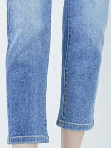 Jeans Donna Crop a Vita Alta, Lavaggio Medio con Brillantini, Gamba Dritta, Lunghezza al Polpaccio COD.1022