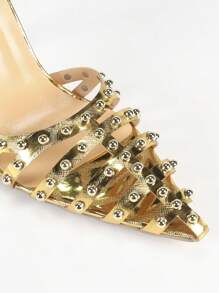 女士尖头铆钉装饰细高跟凉鞋，银色镂空踝带，2025 年夏季新品