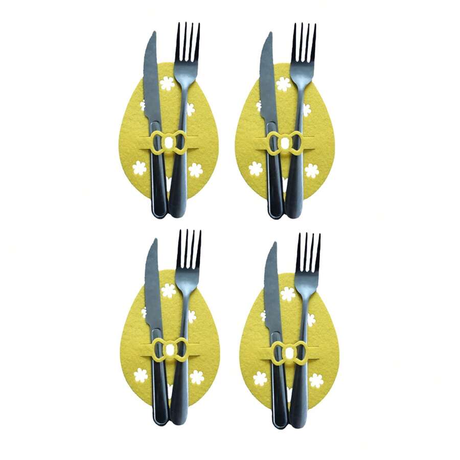 4 Pcs Easter Egg Shaped Cutlery Holder Felt Flatware Bags Table Decorations For Party - Yellow - View 1