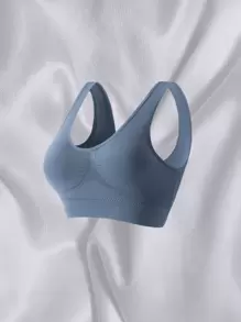 1pc Plus Size Wire-Free Padded Plunge Bra, Comfortable & Supportive - Dusty Blue - View 8