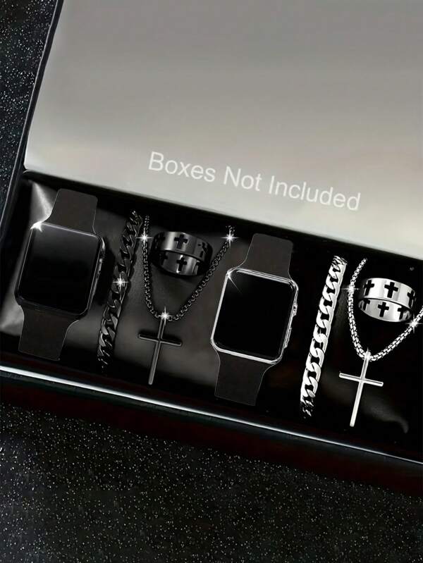 8/4/1 pieza Reloj de moda electrónico para hombre, esfera cuadrada con correa de silicona, reloj de moda casual, pulsera, collar, anillo, apropiado para uso diario, la mejor opción para regalos, viajes de negocios, regalos para novios, familia, trabajo, Día del Padre, vacaciones y viajes de negocios, adecuado para regalos de cumpleaños