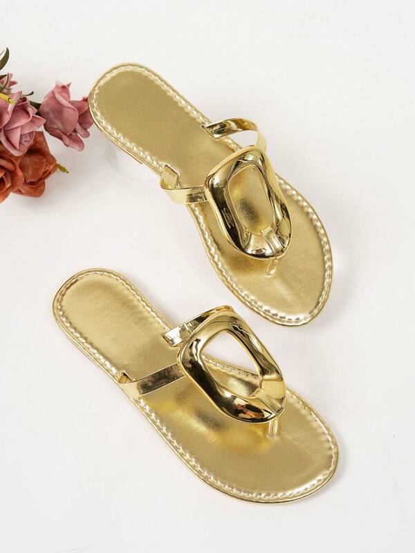 Women's Gold Square Buckle Sandals, New Summer Fashion Beach Wear Net Influencers Design Flat Slippers