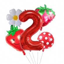 5pcs 32 Inch 1-9 Red Number Strawberry Foil Balloon Set, Strawberry Theme Birthday, Anniversary, Wedding Anniversary, Party Decoration Foil Balloons