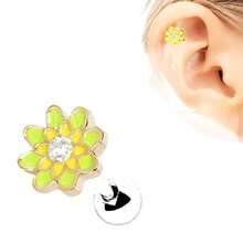 Green And Yellow Flower Cartilage Tragus Earring, 16GA 1.2mm, 6mm Bar Length, Hand-Painted Enamel With CZ Center, 316L Stainless Steel
