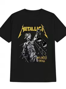 Impreso con el patrón clásico de la banda Metallic* y elementos del símbolo de la justicia, camiseta estampada, camiseta para hombre, camiseta informal de verano de manga corta, 220 g de algodón pesado - Negro - Ver 1