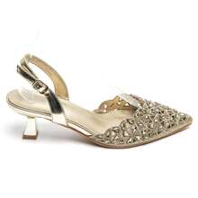 Pumps With Small Heels Decorated With Floral Rhinestones - Gold - View 6