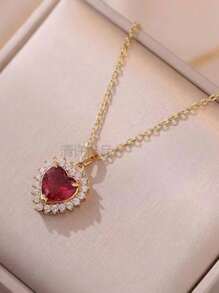 1 件时尚女士微镶嵌红宝石心形吊坠项链，高端百搭风格 - 金色 - 查看 2