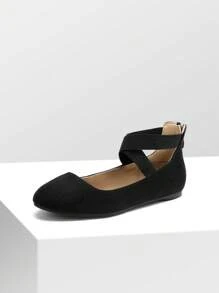 Women's Sole_Stretchy White/PU Elastic Ankle Straps Ballet Flats Shoes - Black - View 6