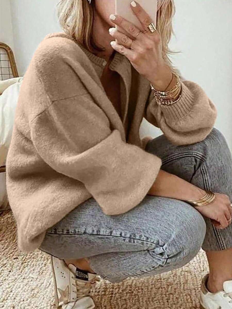 Women's Casual Solid Color Drop Shoulder Long Sleeve Single-Breasted Knitted Cardigan, Autumn/Winter - Camel - View 1