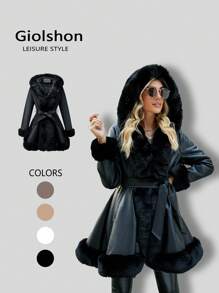 Giolshon Women's PU Jacket With Faux Fur Lining, Hood, And Belt-Simple And Stylish For This Fall And Winter Season