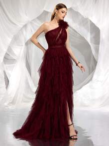 Elegant Sleeveless Asymmetric Neckline Long Formal Gown, Alluring Ruffle Slit Mesh Fabric Dress With Sheer Details