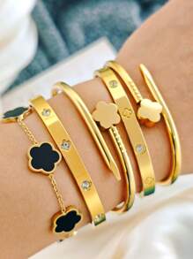 1pc Four-Leaf Clover Bracelet, Stainless Steel Bracelet, Zirconia Bracelet, Nail Bracelet, Titanium Steel Bracelet, Jewelry Gold Jewelry Jewelry Women Bracelets Accessories Women Stainless Steel Jewelry Bracelets For Women Western Jewelry Mirror Polishing