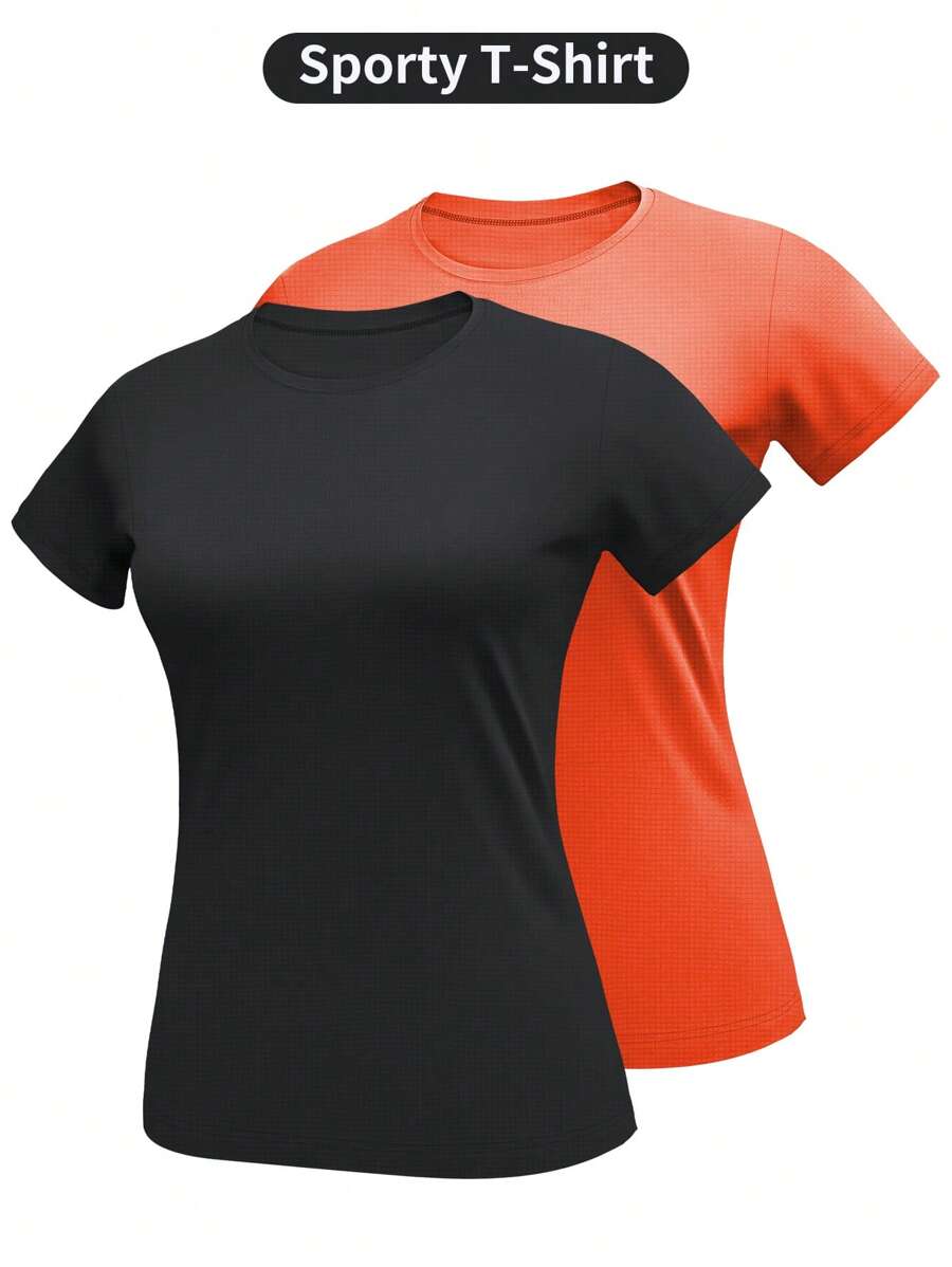 2 件黑色和橙色圆领跑步 T 恤，90 克专业运动面料，夏季运动短袖上衣