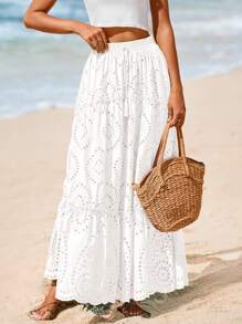 Women's Casual Lace Embroidery Eyelet Elastic High Waist Tiered A-Line Flowy Long Skirt Summer Boho Bohemian Beach Spring Holiday Vacation Going Out Valentine Long Maxi Skirt Outfits - trắng - Xem 5