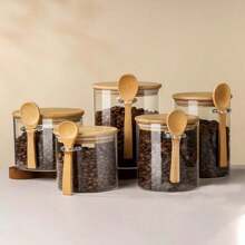 1pc 17oz Sealed Glass Jar With Bamboo Lid And Spoon - Reusable, Dishwasher Friendly Canister For Sugar, Coffee, Spices Etc. - Round Design For Easy Access