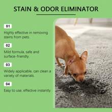 污渍和异味消除剂：用于猫和狗的宠物污渍去除剂，有效清除宠物污渍、食物油脂、宠物粘液和唾液。